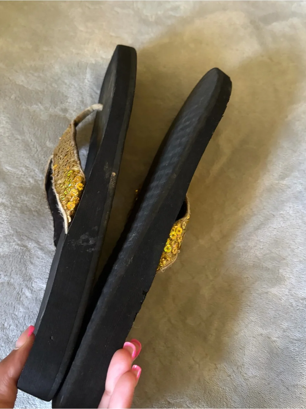 Yellow Box Black Sandals with Gold Sequin Straps - Picture 4 of 5